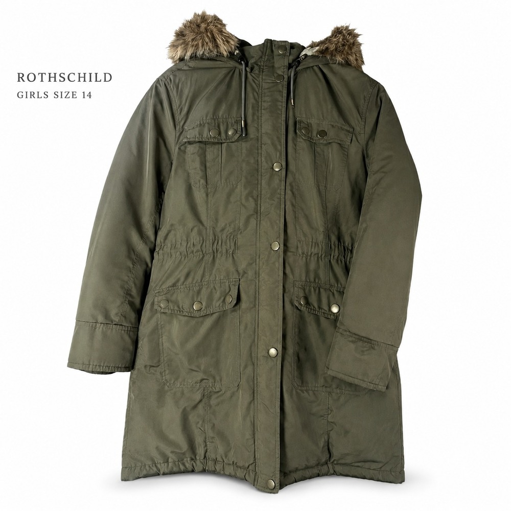 Rothschild Girls Size 14 Olive Green Hooded Parka Coat Faux Fur Trim Jacket